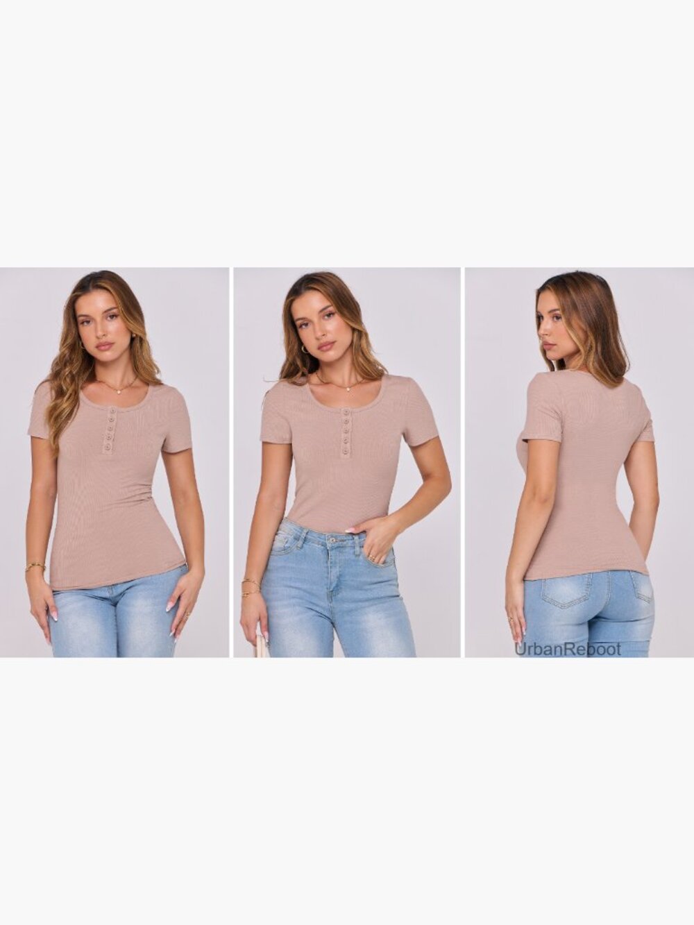 Ribbed Henley Tee Short Sleeve Fitted Summer Top Button Down Casual Blouse - Picture 7 of 7